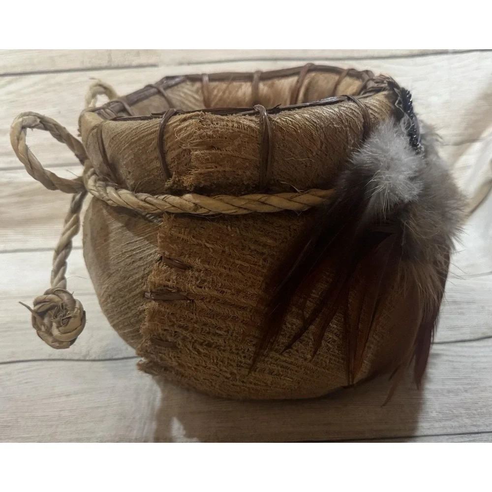 Vintage Handmade Native American Basket with Real Fur & Feathers Embellishments